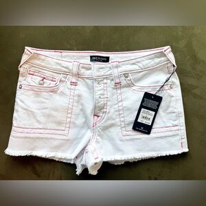 True Religion White Denim Shorts with Pink Contrast Stitching